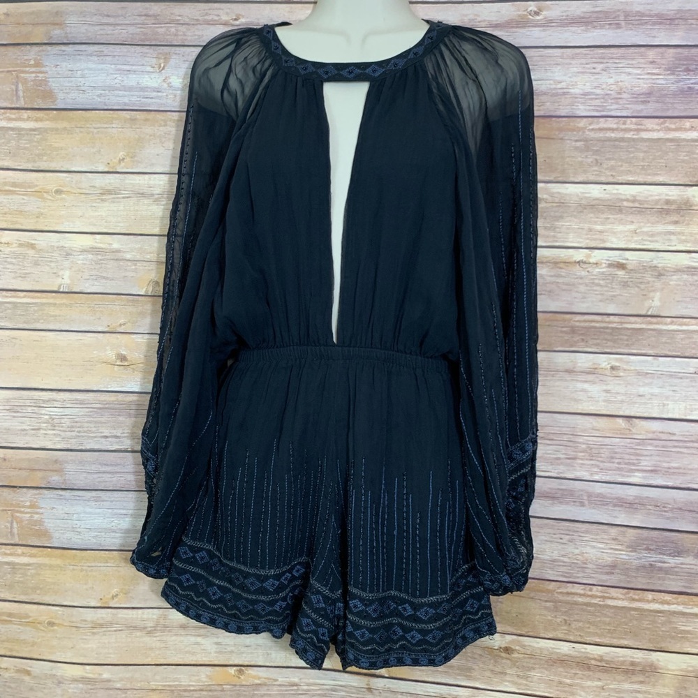 Free People Boho Black Beaded Long Sleeve Romper - image 1